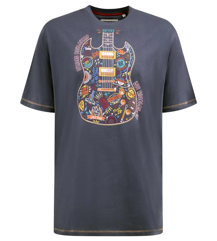 D555 STOCKPORT Guitar Print Crew Neck T-Shirt For Men in Denim, 2XL-8XL