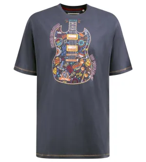 D555 STOCKPORT Guitar Print Crew Neck T-Shirt For Men in Denim, 2XL-8XL