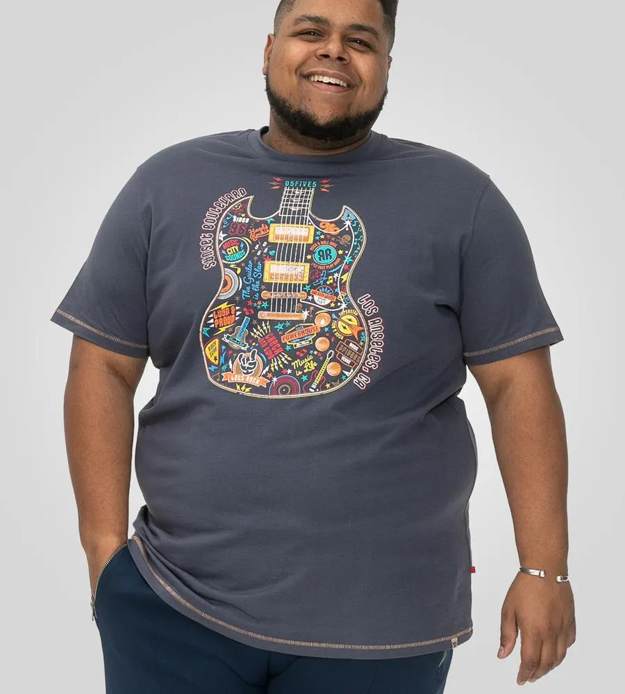 D555 STOCKPORT Guitar Print Crew Neck T-Shirt For Men in Denim, 2XL-8XL