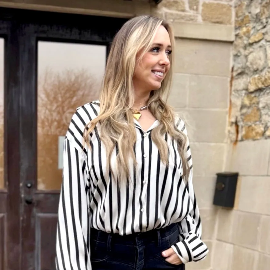 Damie Collard Vertical Striped Printed Satin Blouse