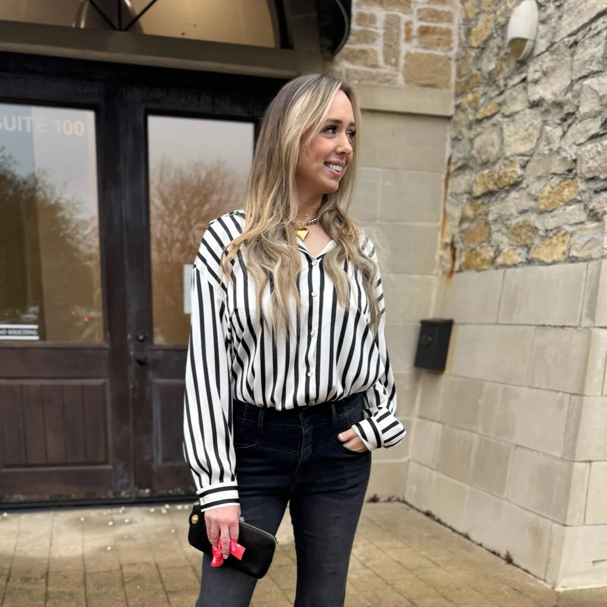 Damie Collard Vertical Striped Printed Satin Blouse