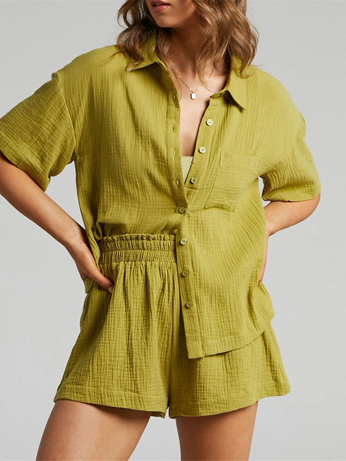 Dani Texture Button Up Shirt and Shorts Set