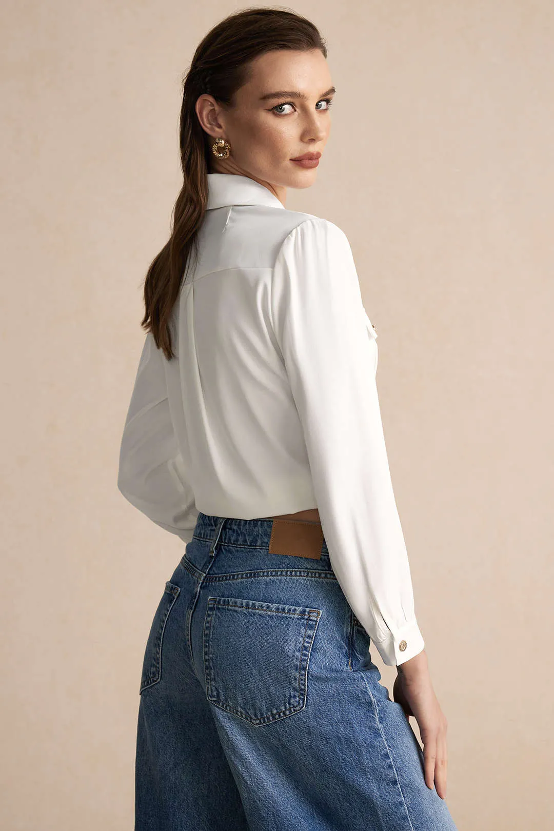 Delphine - Elegant Button Pocket Woman's Long Sleeve Shirt