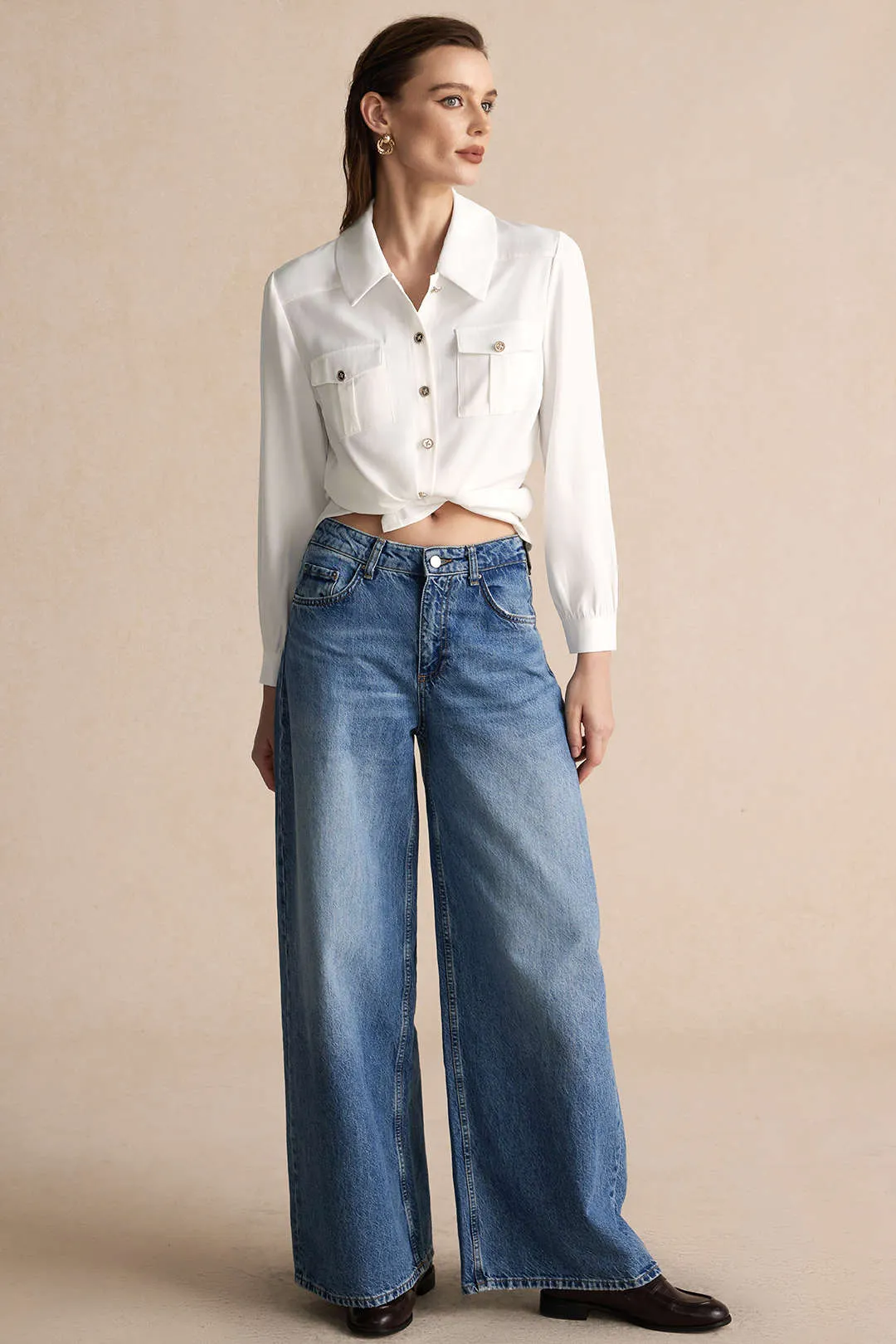 Delphine - Elegant Button Pocket Woman's Long Sleeve Shirt