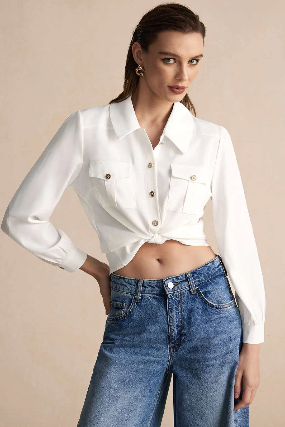 Delphine - Elegant Button Pocket Woman's Long Sleeve Shirt