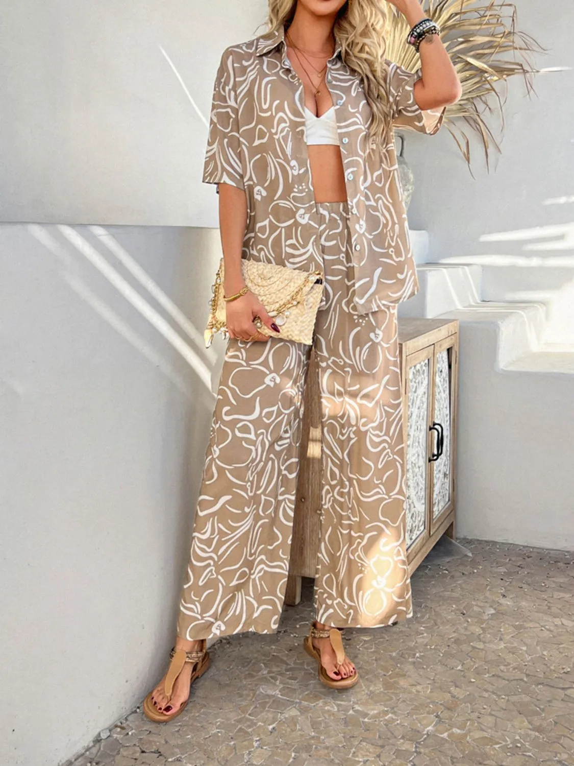 Devine Printed Button Down Shirt and Pants Set