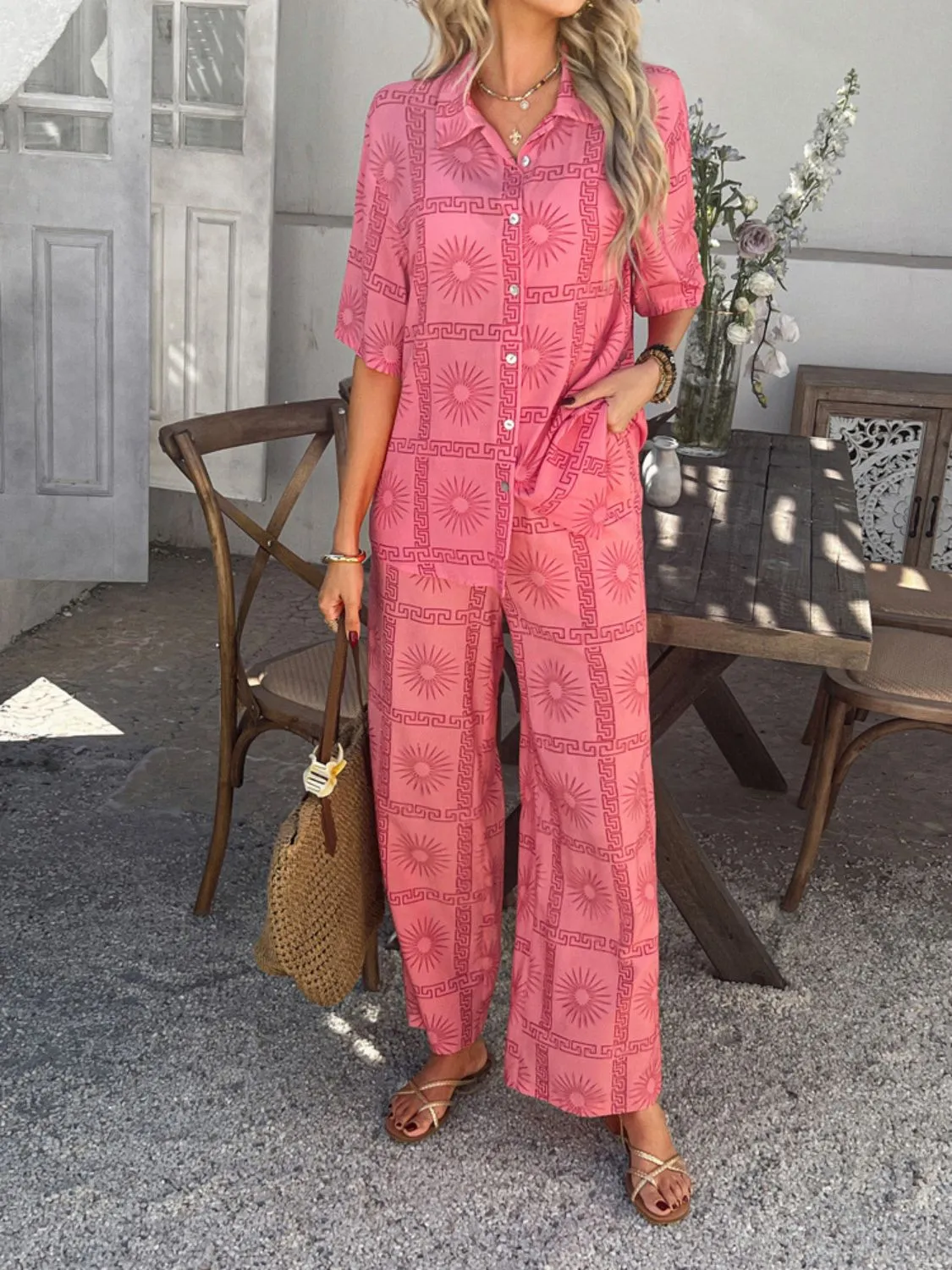Devine Printed Button Down Shirt and Pants Set