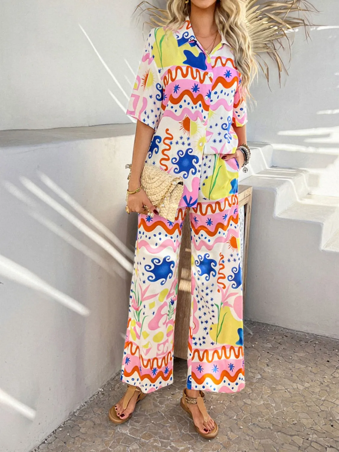 Devine Printed Button Down Shirt and Pants Set