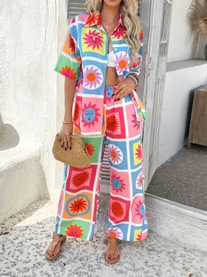 Devine Printed Collared Neck Half Sleeve Top and Pants Set