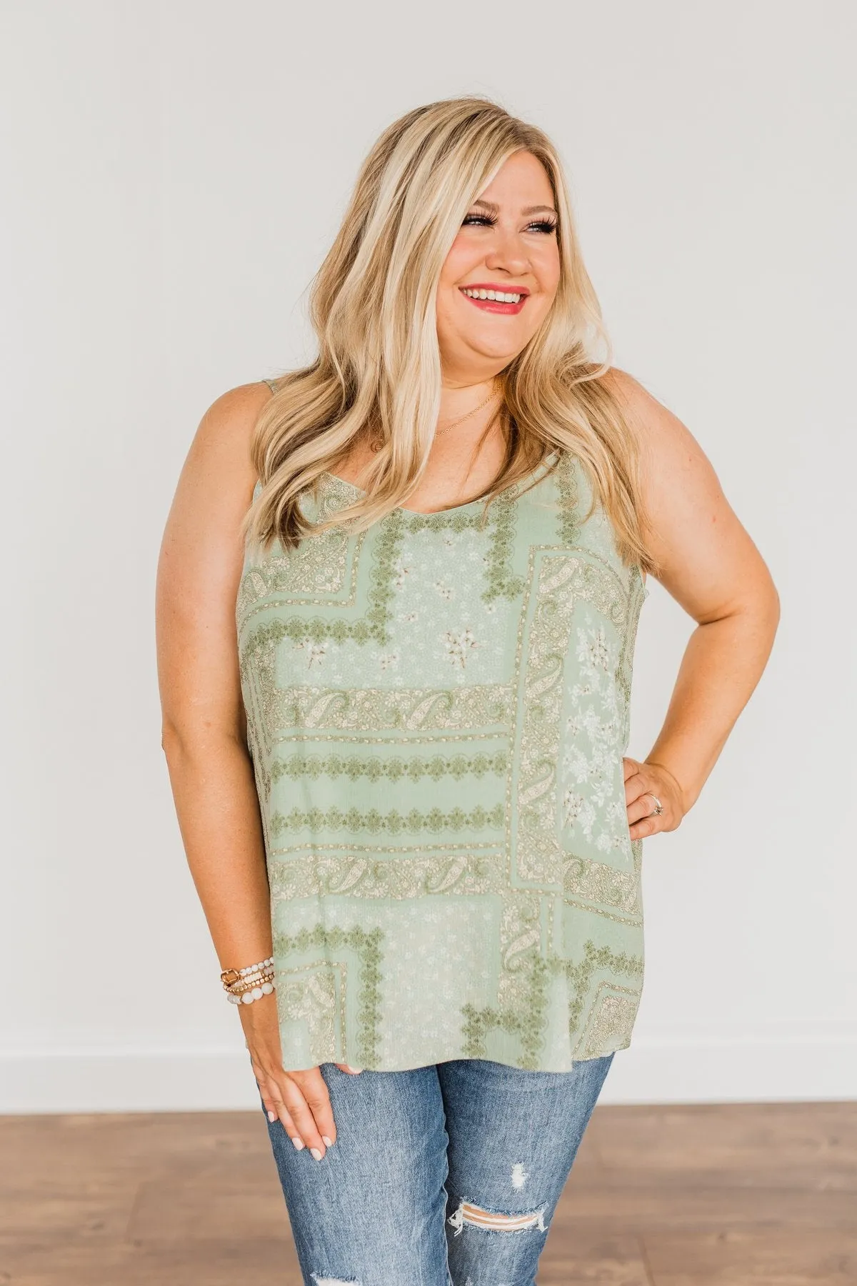 Divine Darling Paisley Print Tank Top- Sage