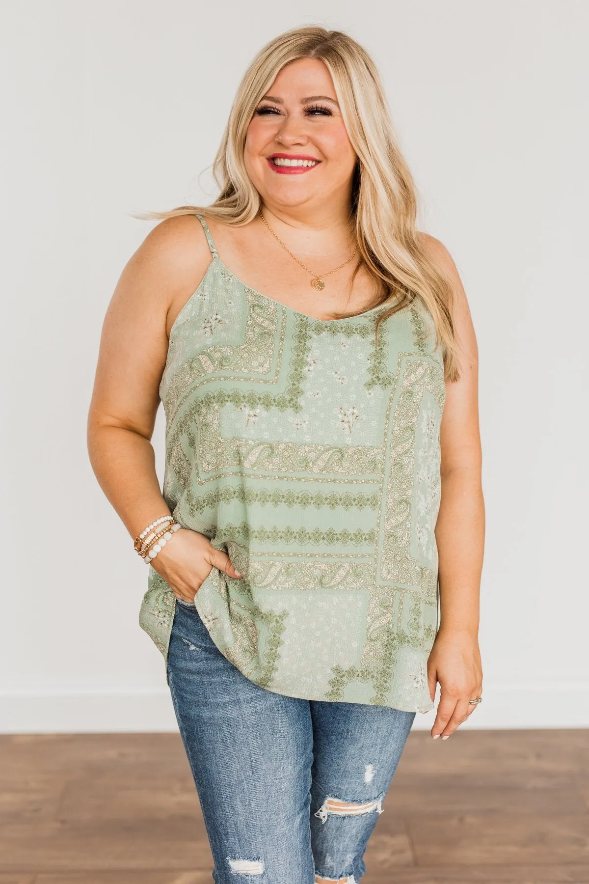 Divine Darling Paisley Print Tank Top- Sage