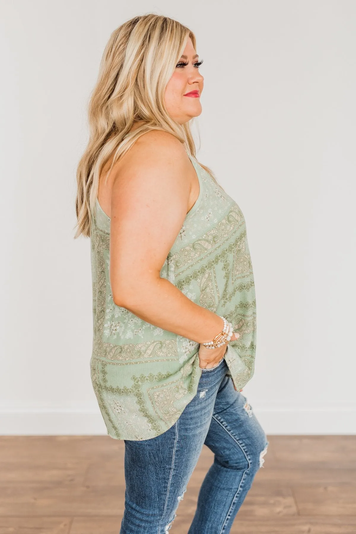 Divine Darling Paisley Print Tank Top- Sage
