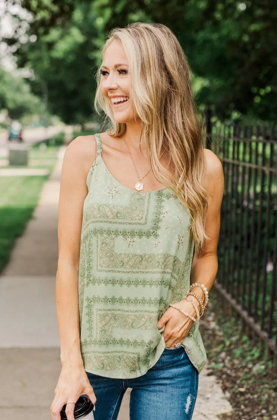 Divine Darling Paisley Print Tank Top- Sage