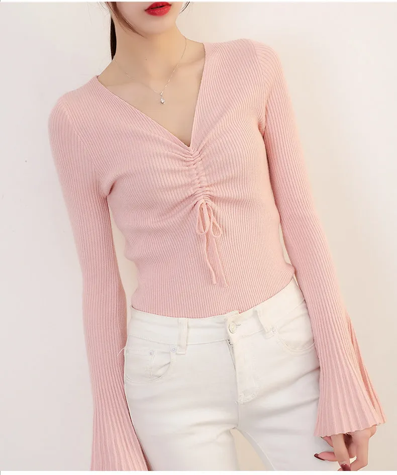 Drawstring V-Neck Thin Sweaters