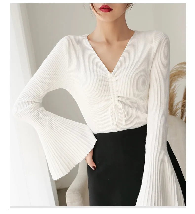 Drawstring V-Neck Thin Sweaters