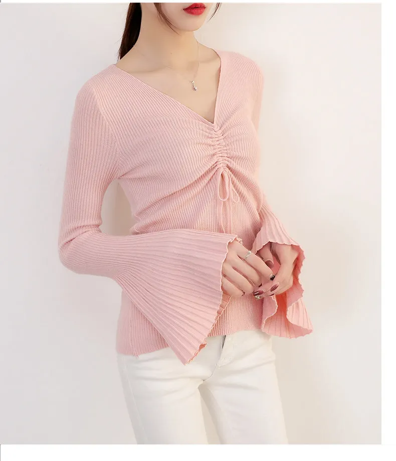 Drawstring V-Neck Thin Sweaters