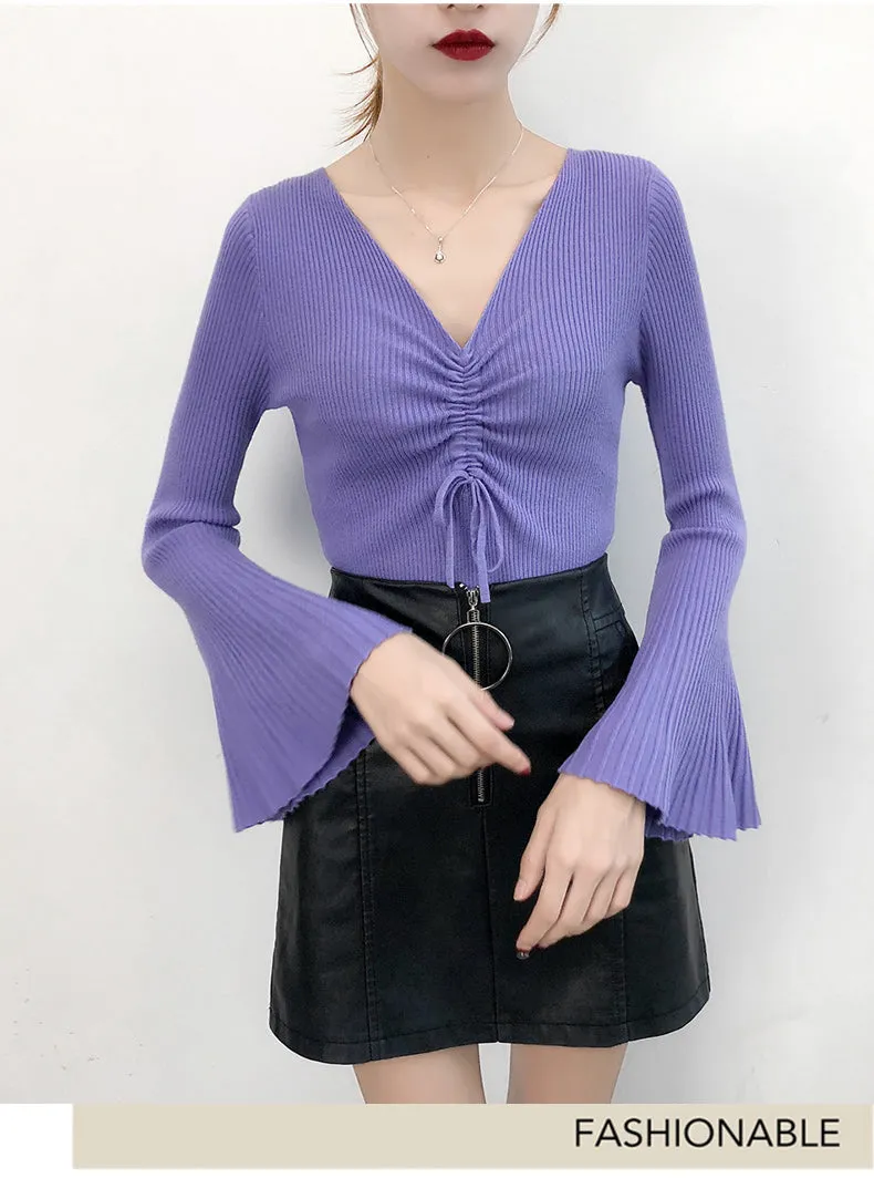 Drawstring V-Neck Thin Sweaters