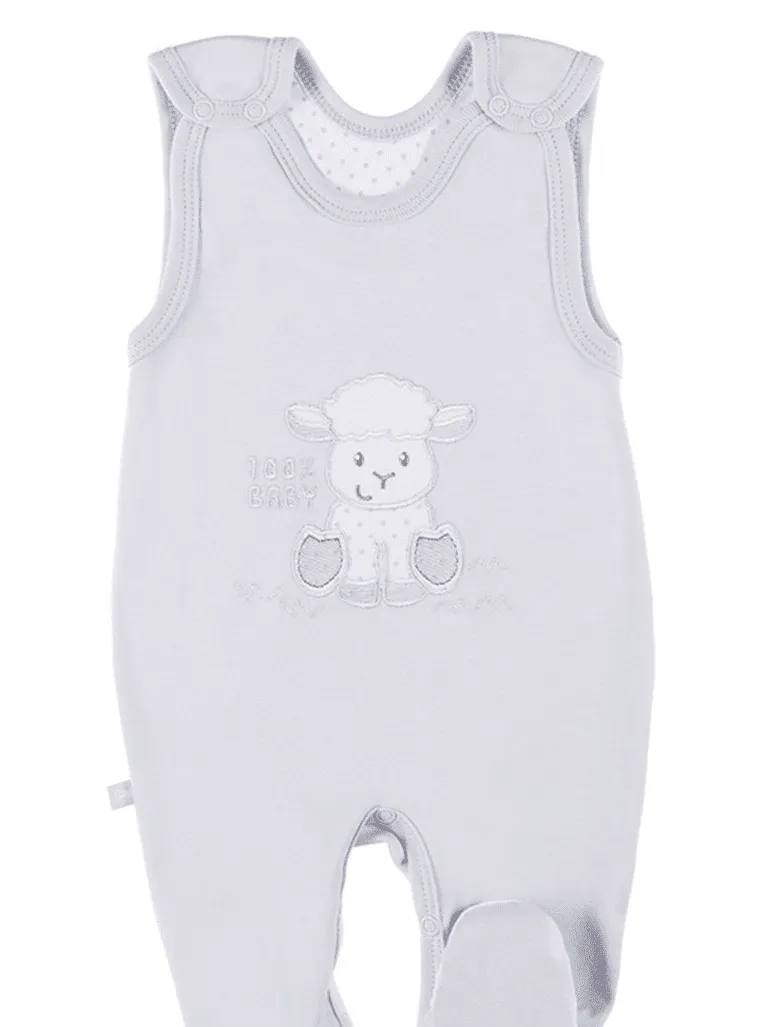Early Baby Footed Dungarees, Embroidered Lamb Design - Grey