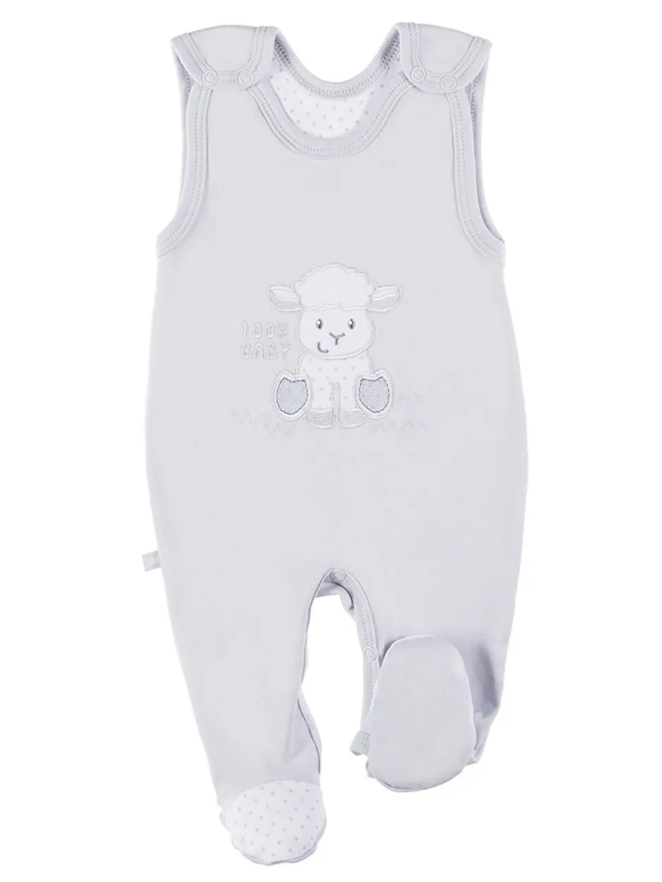 Early Baby Footed Dungarees, Embroidered Lamb Design - Grey