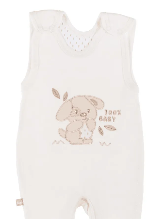Early Baby Footed Dungarees, Embroidered Puppy Design - Cream