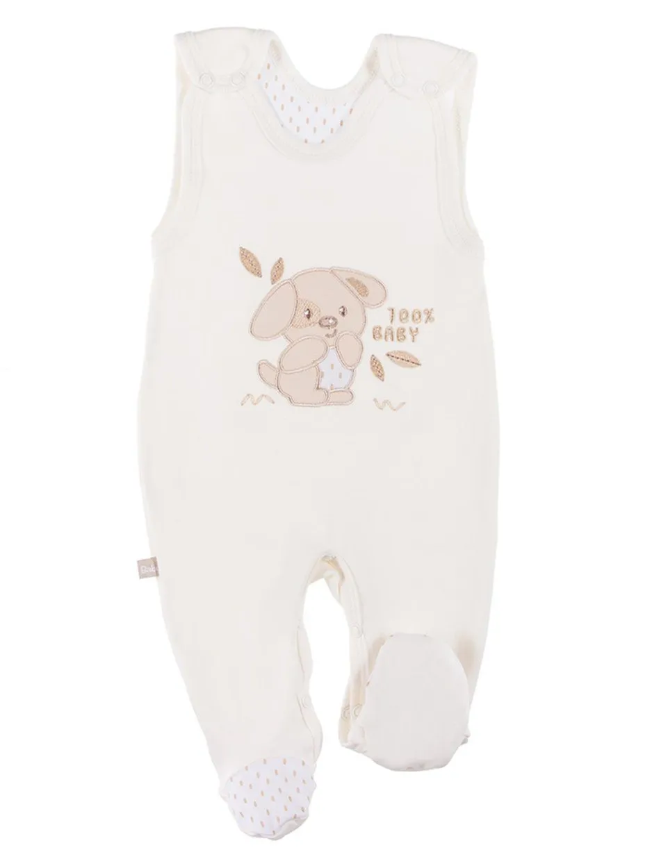 Early Baby Footed Dungarees, Embroidered Puppy Design - Cream