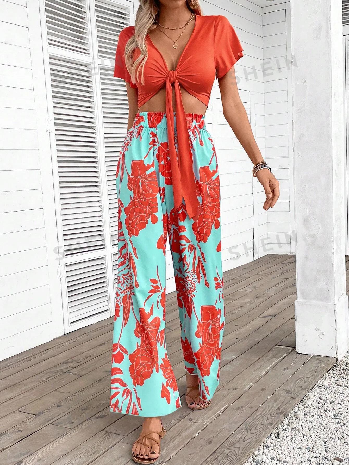 EMERY ROSE Women's Solid Color Top & Printed Long Pants, Simple Daily 2pcs Set
