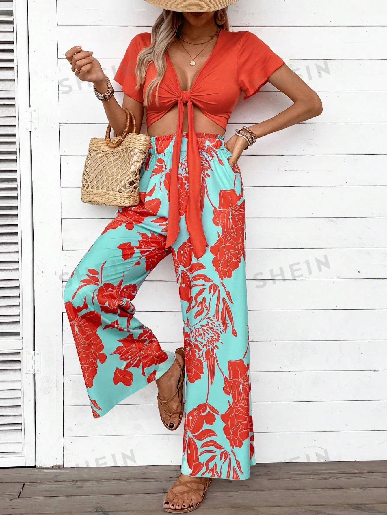 EMERY ROSE Women's Solid Color Top & Printed Long Pants, Simple Daily 2pcs Set