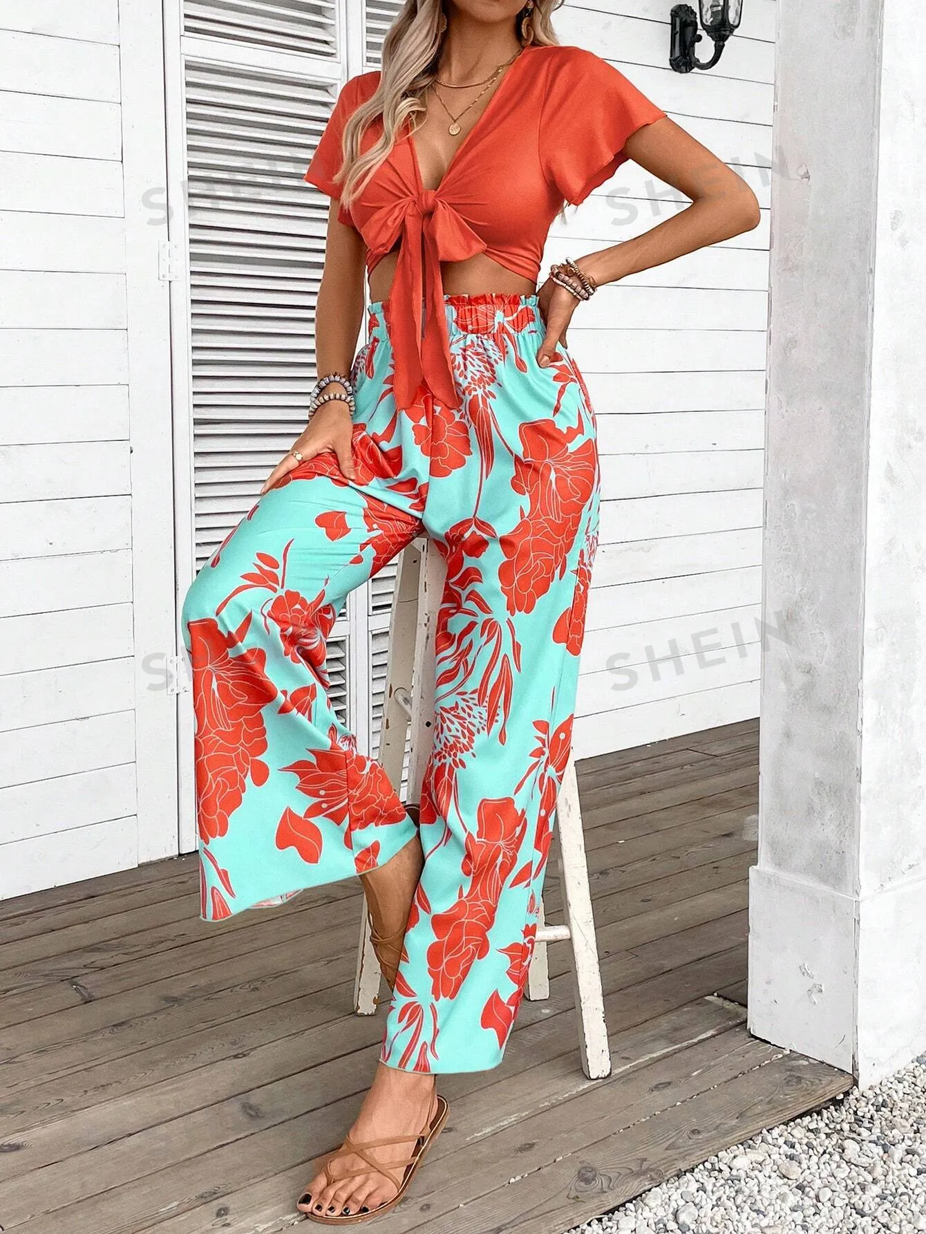 EMERY ROSE Women's Solid Color Top & Printed Long Pants, Simple Daily 2pcs Set