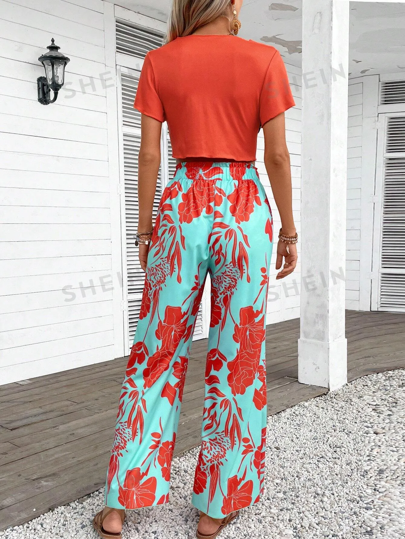 EMERY ROSE Women's Solid Color Top & Printed Long Pants, Simple Daily 2pcs Set