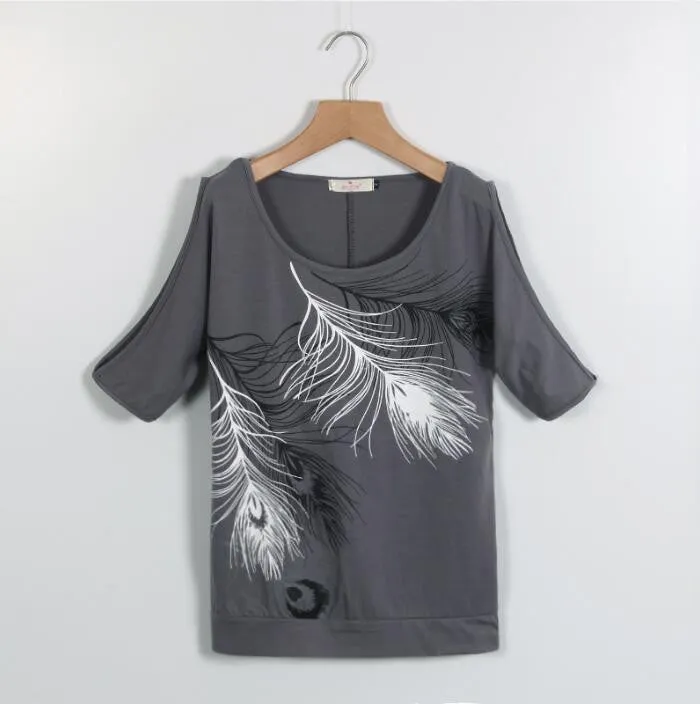 Fashion Women Cold Shoulder Blouse Loose Tops Print Short Sleeve Blouse Casual Ladies Blouses LJ3673M