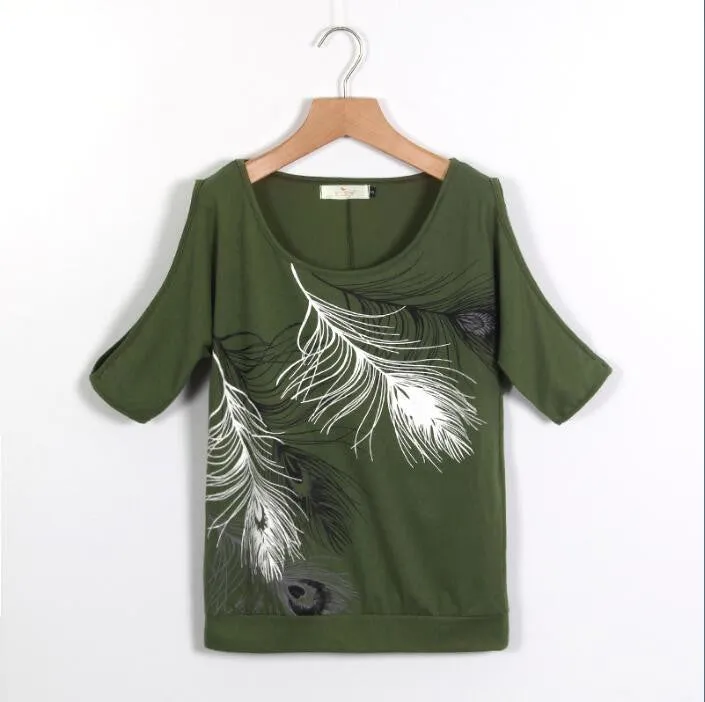 Fashion Women Cold Shoulder Blouse Loose Tops Print Short Sleeve Blouse Casual Ladies Blouses LJ3673M