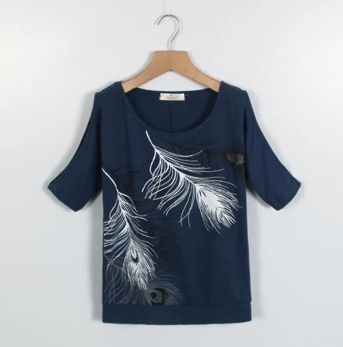 Fashion Women Cold Shoulder Blouse Loose Tops Print Short Sleeve Blouse Casual Ladies Blouses LJ3673M