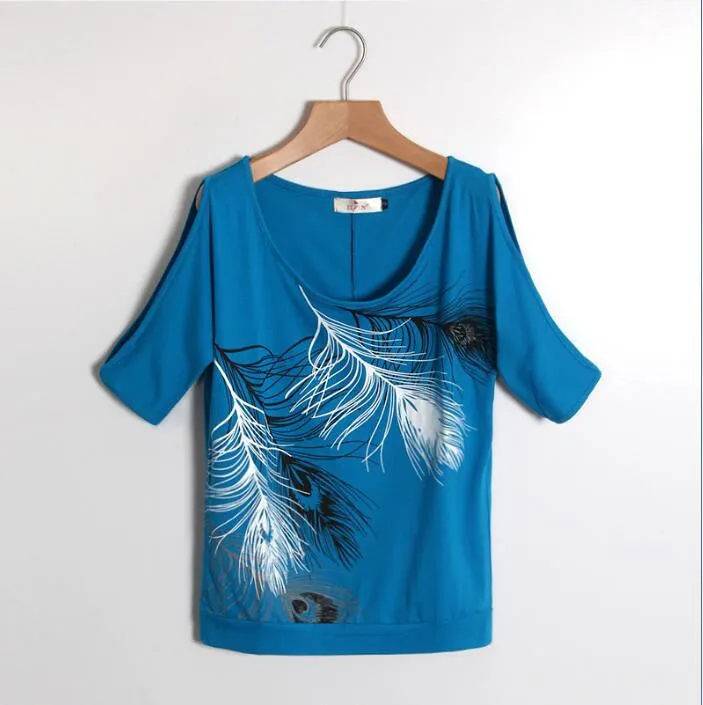 Fashion Women Cold Shoulder Blouse Loose Tops Print Short Sleeve Blouse Casual Ladies Blouses LJ3673M