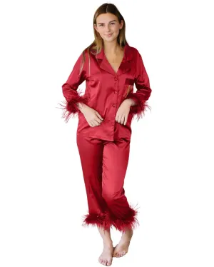 Feather Trim Long Sleeve Pajama Set (Pants Ver.)