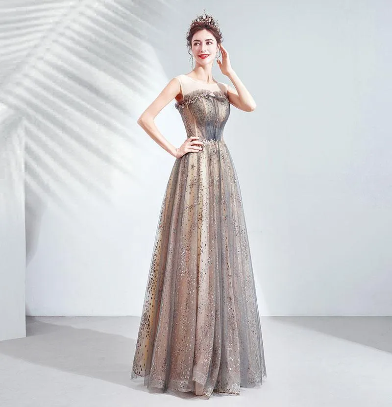 [Final Sale] Illusion Neckline Sleeveless Sequin A-line Ball Gown