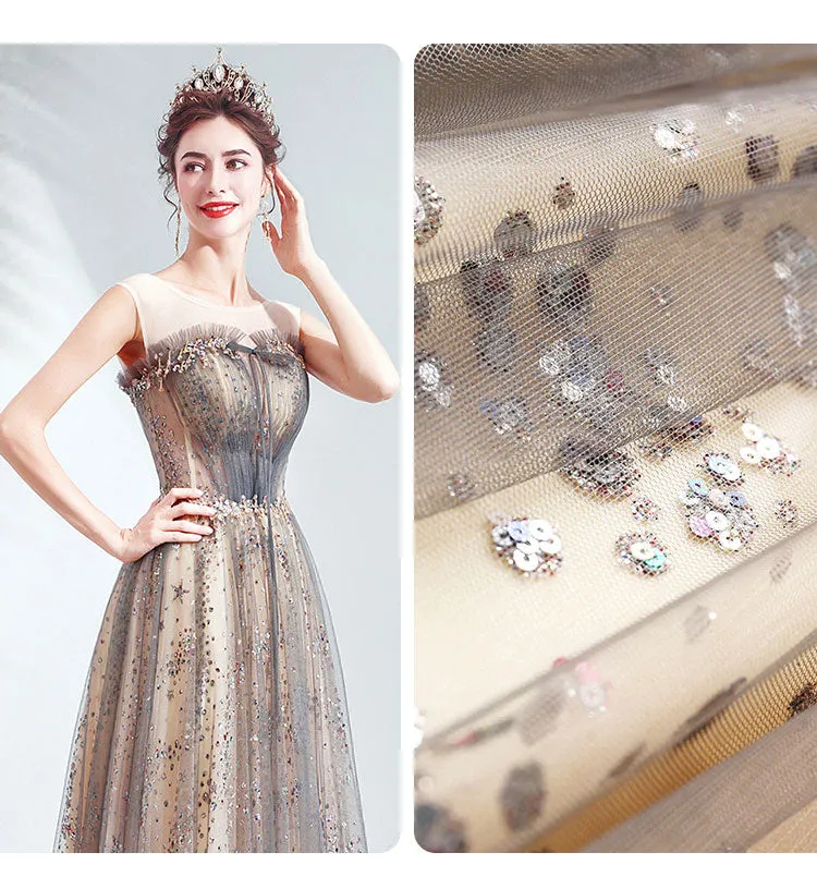 [Final Sale] Illusion Neckline Sleeveless Sequin A-line Ball Gown