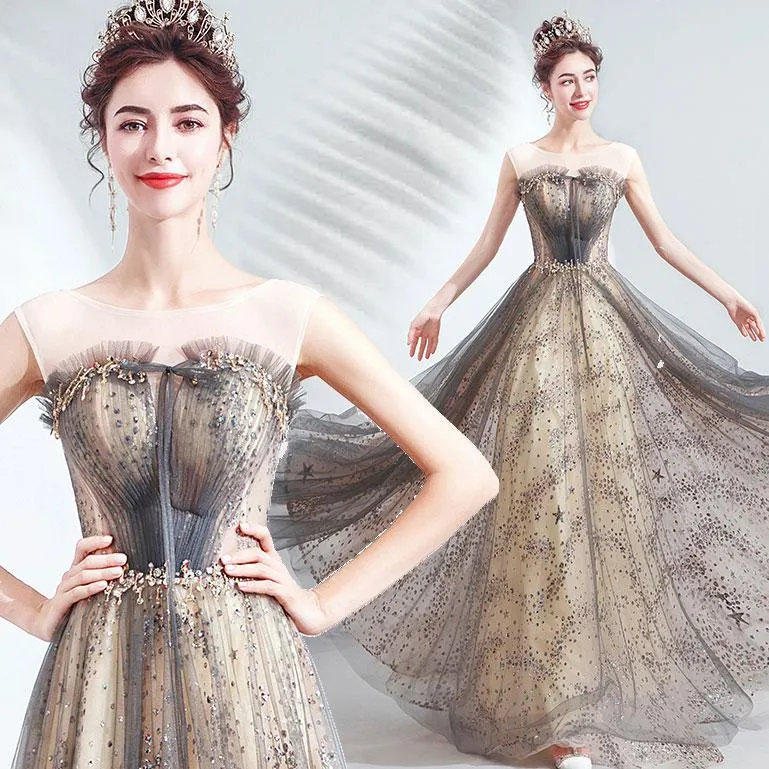 [Final Sale] Illusion Neckline Sleeveless Sequin A-line Ball Gown