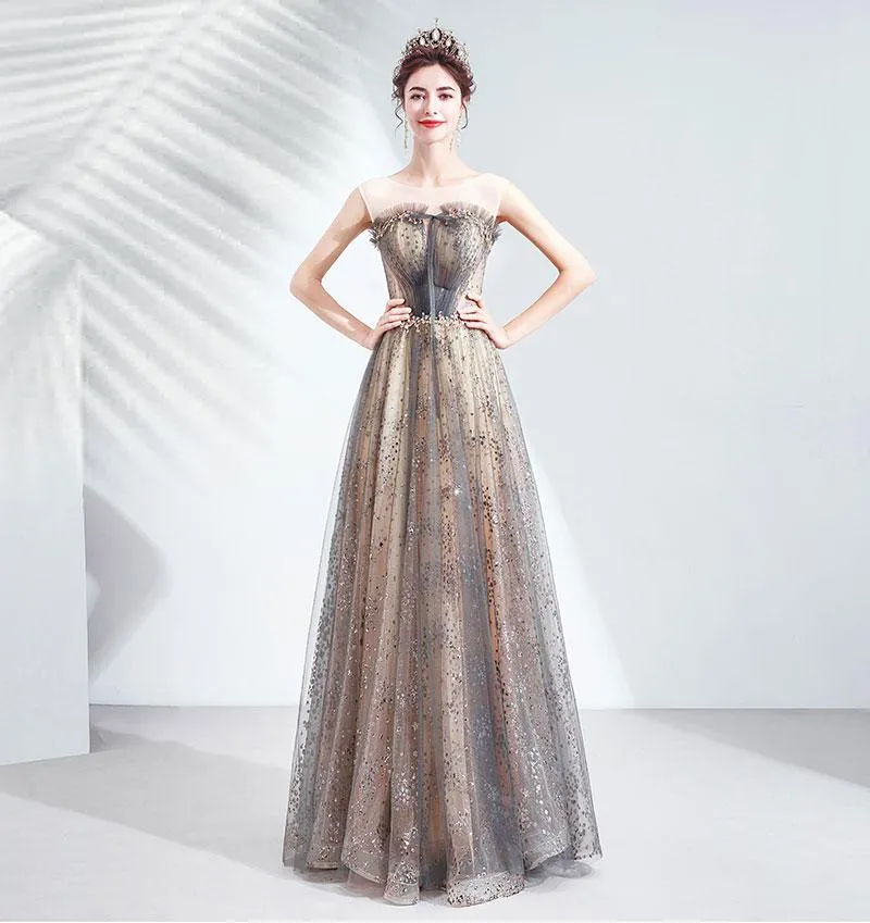 [Final Sale] Illusion Neckline Sleeveless Sequin A-line Ball Gown