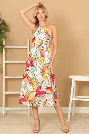 FLORAL HALTER NECK CINCH WAIST MIDI DRESS