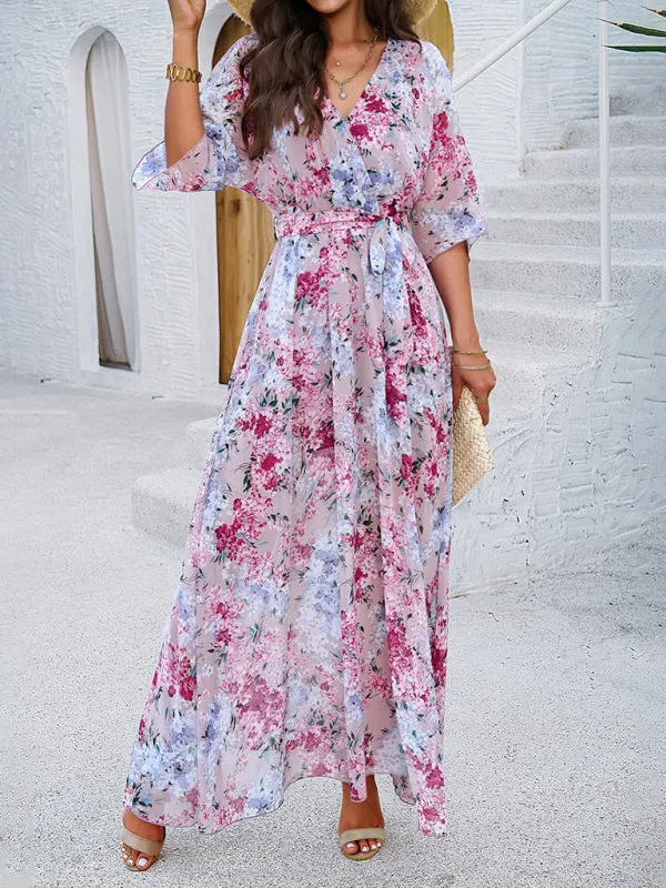 Floral Maxi Dress with V-Neck and Tie Waist