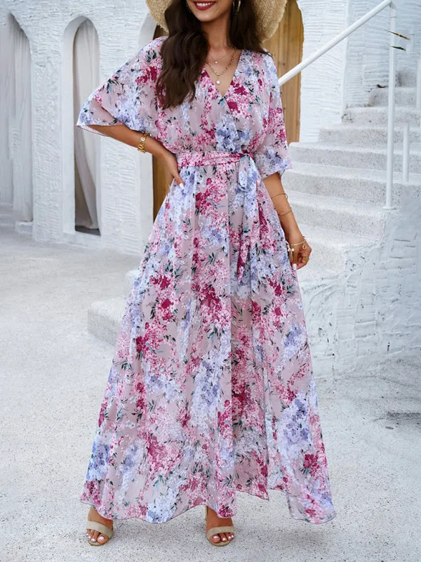 Floral Maxi Dress with V-Neck and Tie Waist