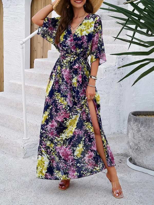 Floral Maxi Dress with V-Neck and Tie Waist