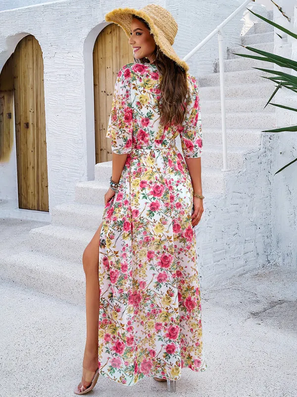 Floral Maxi Dress with V-Neck and Tie Waist