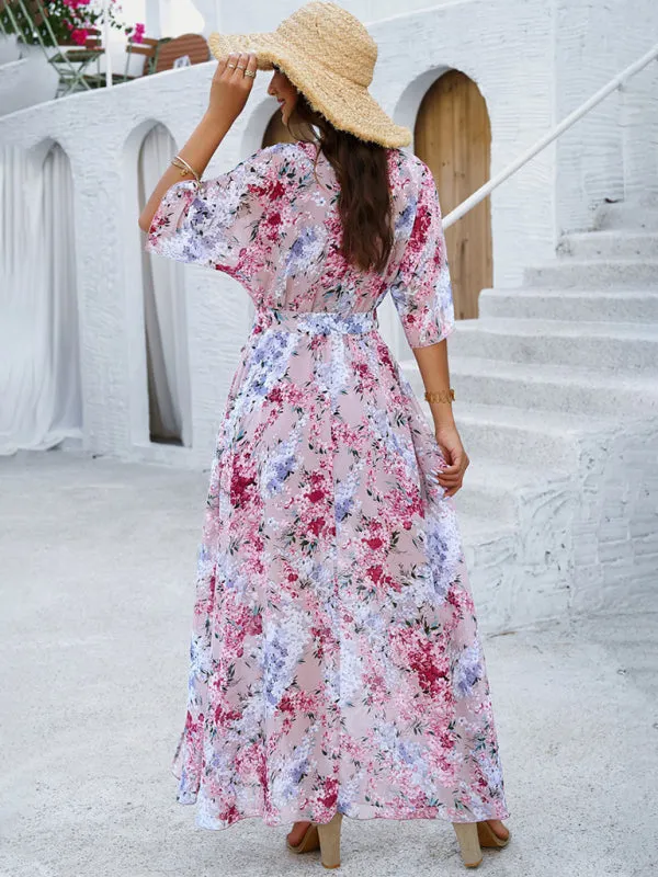 Floral Maxi Dress with V-Neck and Tie Waist