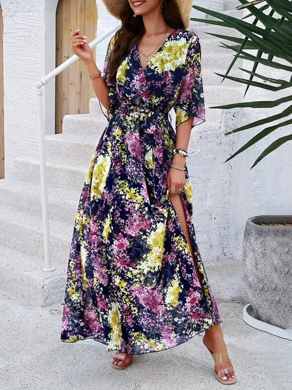 Floral Maxi Dress with V-Neck and Tie Waist
