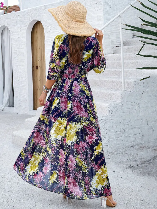 Floral Maxi Dress with V-Neck and Tie Waist