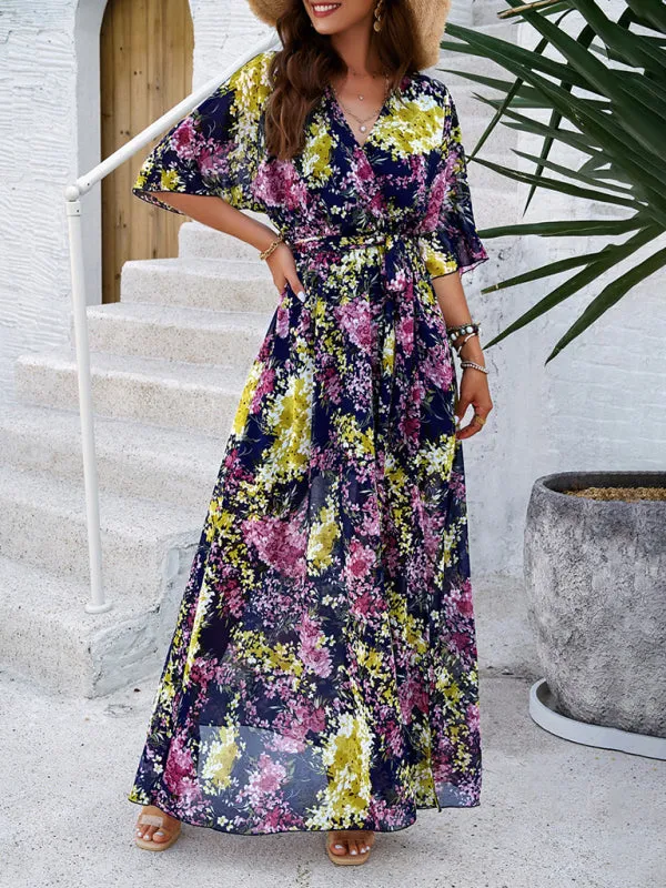 Floral Maxi Dress with V-Neck and Tie Waist