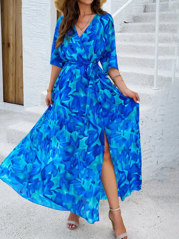 Floral Maxi Dress with V-Neck and Tie Waist