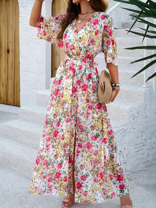 Floral Maxi Dress with V-Neck and Tie Waist