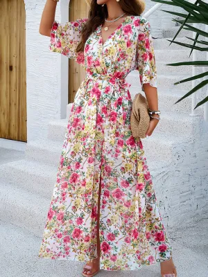Floral Maxi Dress with V-Neck and Tie Waist
